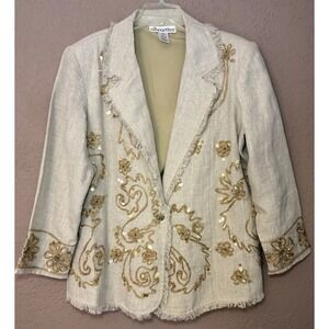 Silouettes Linen VTG Beige Sequined Floral One Button Lined Blazer Women 16